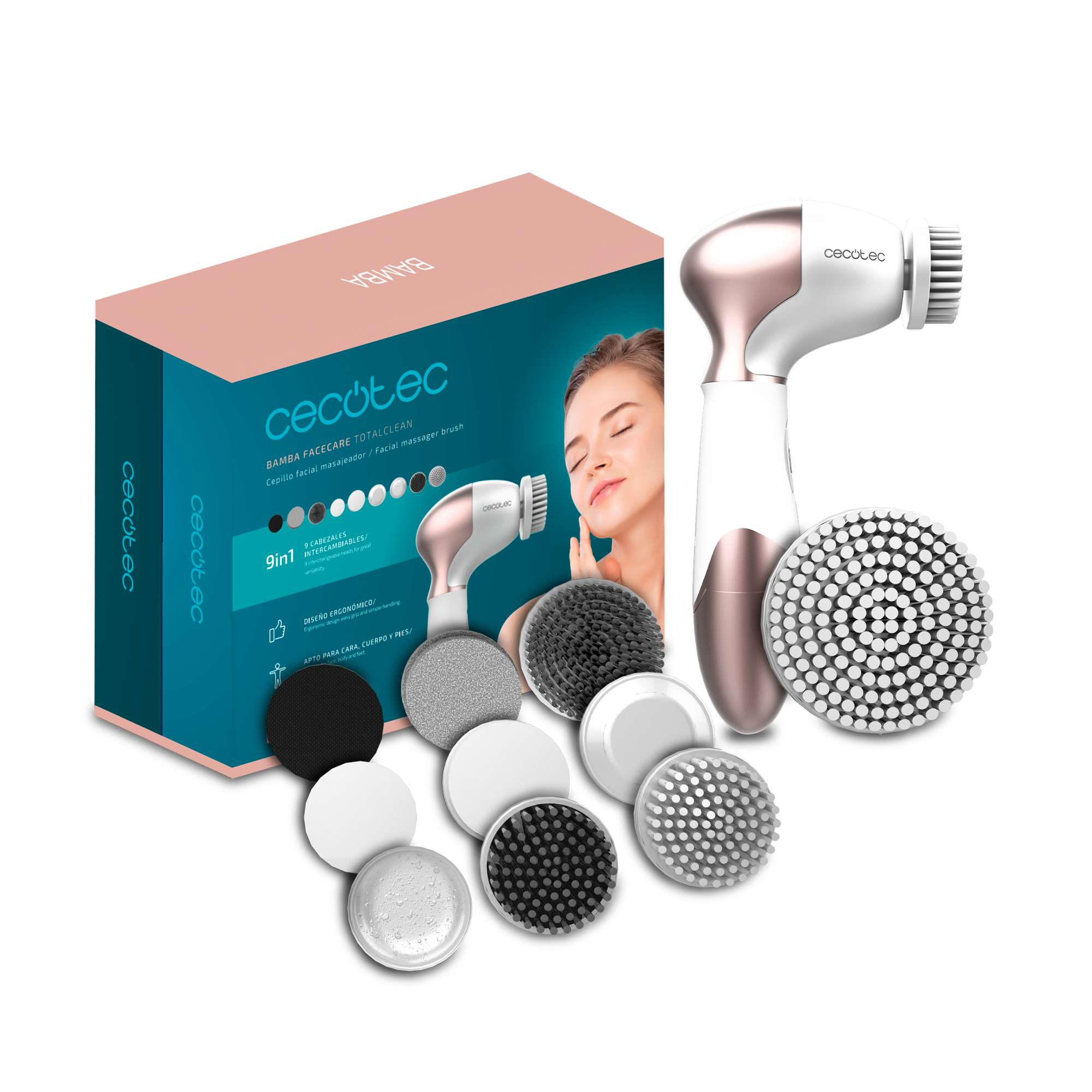 Un juego de cepillo de masaje facial. Incluye el dispositivo, varios cabezales de cepillo y el embalaje. Una mujer aparece en el fondo.