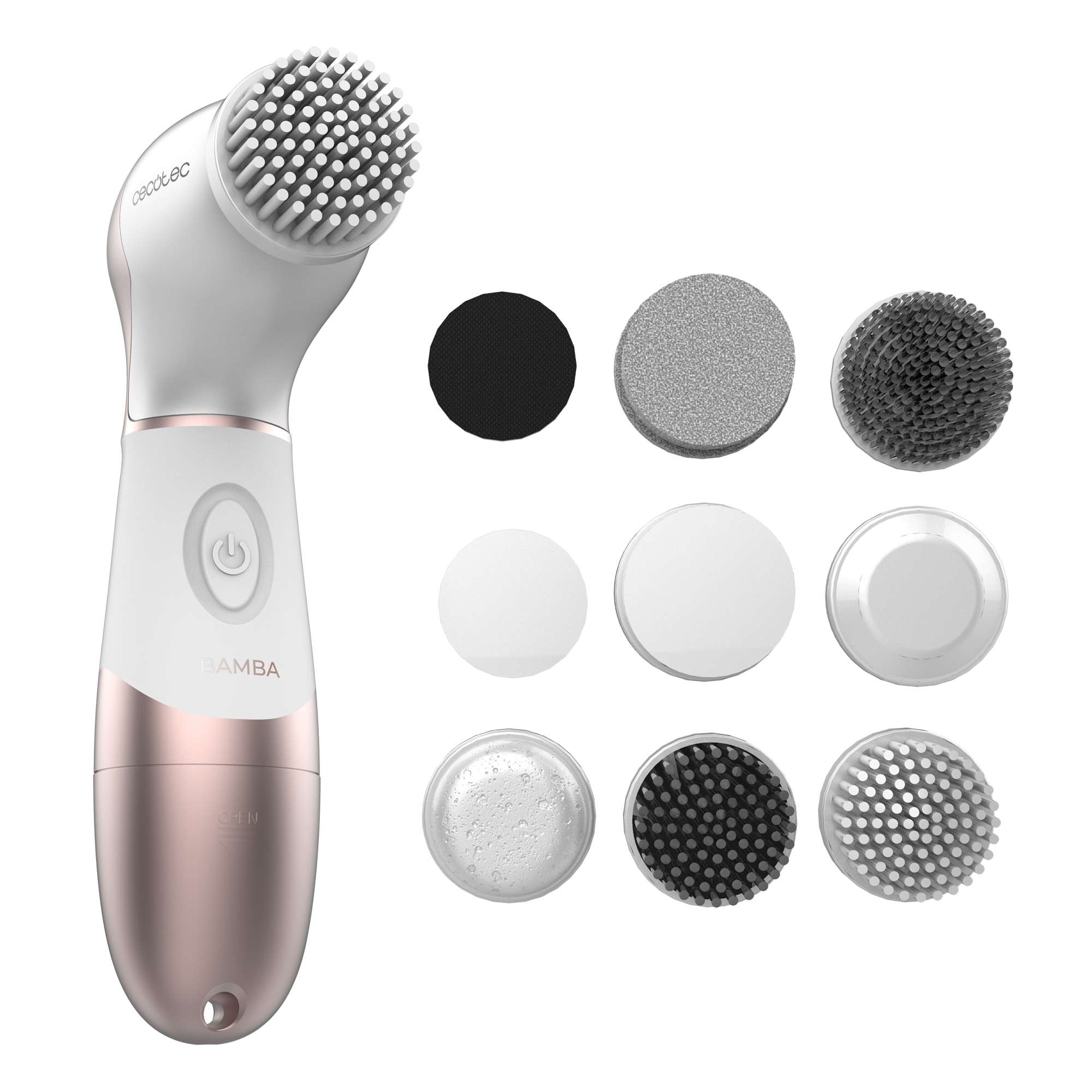 Un cepillo facial eléctrico con varios cabezales intercambiables. Tiene una combinación de colores blanco y oro rosa. También son visibles varios accesorios de disco.