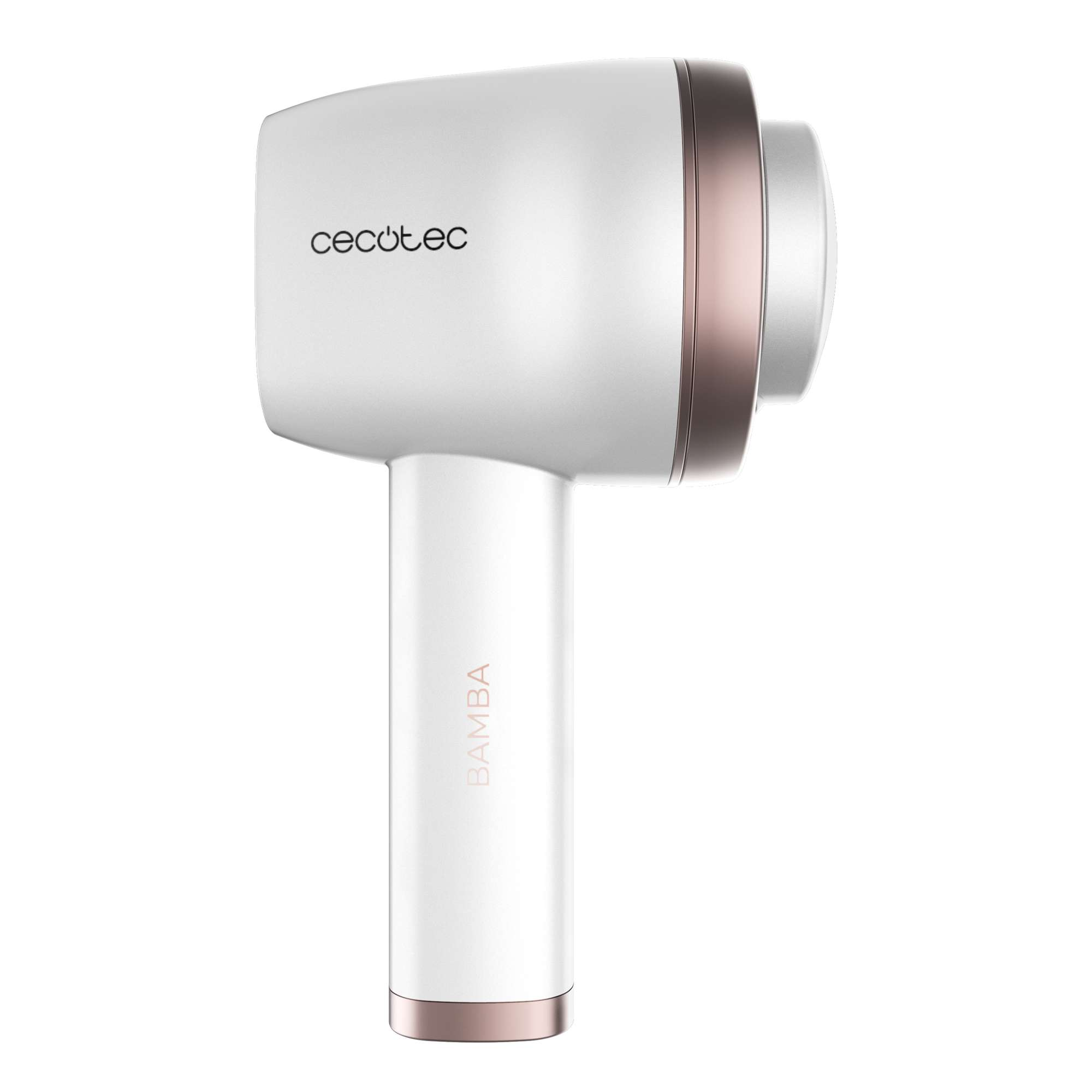 Un secador de pelo blanco y oro rosa. La marca es Cecotec, el modelo es Bamba.