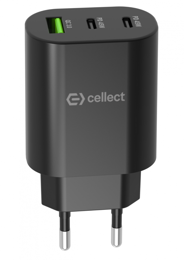 Egy fekete celllect töltő 3 USB porttal, QC 3.0 és PD 45W. Európai dugója van.