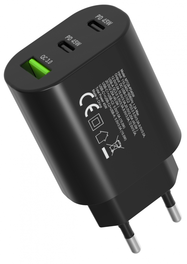 Fekete hálózati adapter, több PD 45W és QC 3.0 feliratú USB porttal. Kétpólusú dugóval. A szöveg a modellt és a kimenetet részletezi.