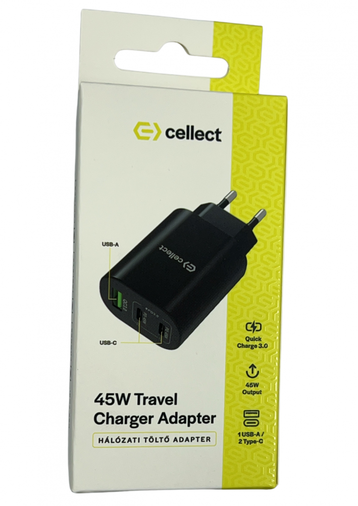 Egy fekete 45 W-os utazó töltő adapter a dobozában. A doboz fehér, sárga mintával, a töltő USB-A és USB-C portokkal rendelkezik.