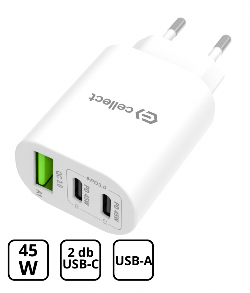 CELLECT hálózati töltő adapter gyorstöltő funkcióval 45W, fehér (MTCB-PD45W-W)