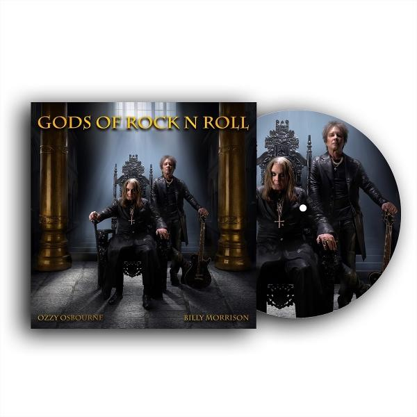 Albumcover 'Gods of Rock N Roll'. Ozzy Osbourne und Billy Morrison sitzen auf Thronen. CD rechts. Gitarren im Hintergrund.