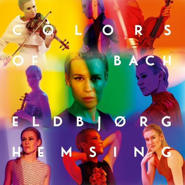 Albumcover: Eldbjørg Hemsing. Frau mit Geige vor farbenfrohem Hintergrund. Text: Farben von Bach.