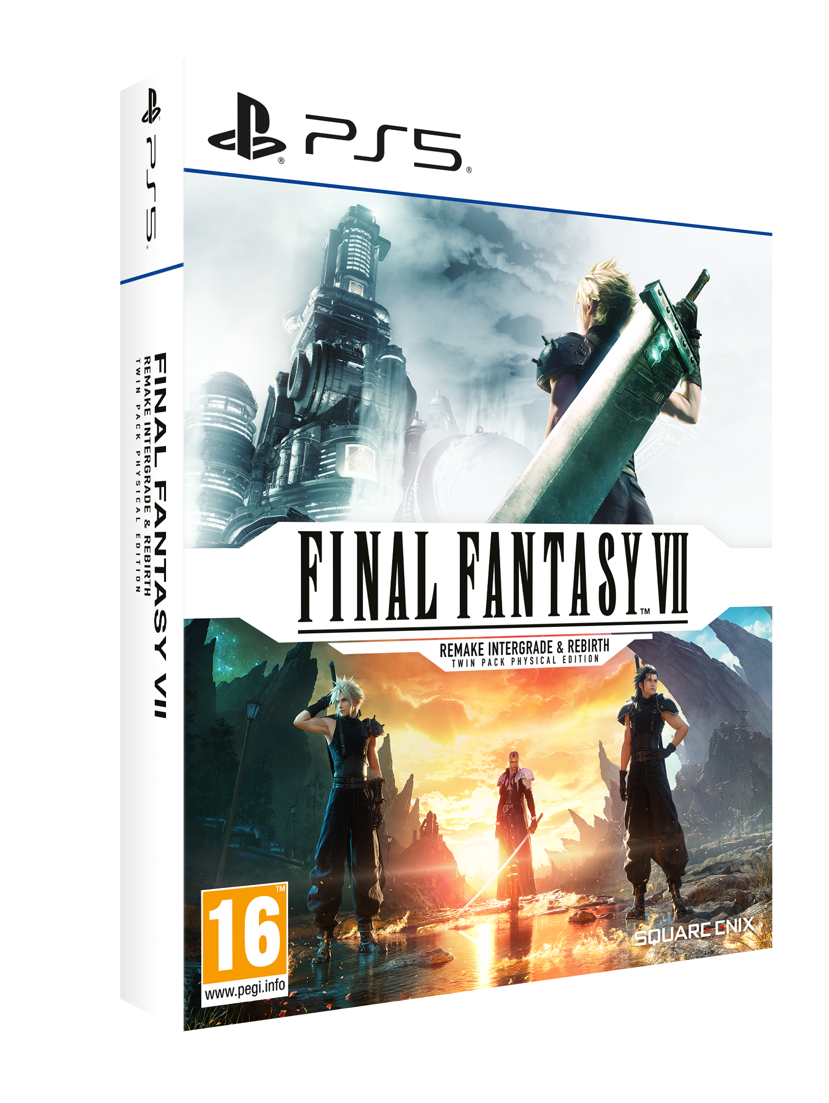 Portada del juego Final Fantasy VII. Muestra un personaje con una espada grande. El fondo tiene una ciudad y personajes.