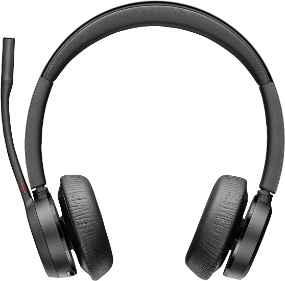 Schwarzes Headset mit flexiblem Mikrofon. Die Ohrmuscheln sind rund und gepolstert. Der Kopfbügel wölbt sich nach oben. Ein roter Knopf ist sichtbar.