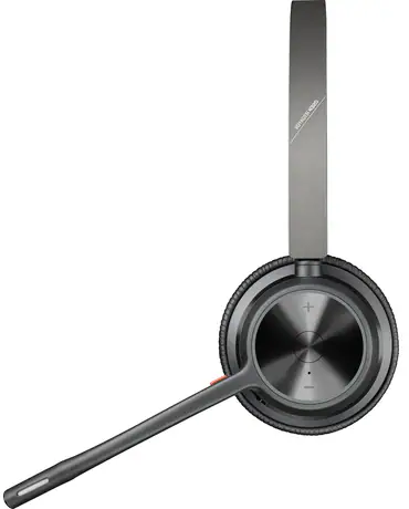 Graues Headset mit Mikrofon. Es hat ein Kopfband und einen Ohrhörer. Das Mikrofon erstreckt sich zum Mund hin.