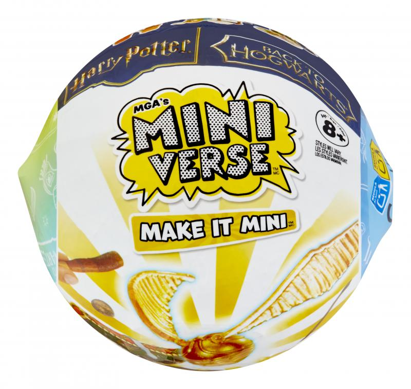Eine Harry Potter Mini Verse Spielzeugverpackung. Die Vorderseite zeigt die Marke und den Produktnamen. Die Verpackung ist kreisförmig mit gelb und blau.