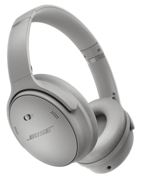 Para szarych słuchawek Bose. Słuchawki są nauszne z wyściełanym pałąkiem i nausznikami. Widoczne jest logo Bose.