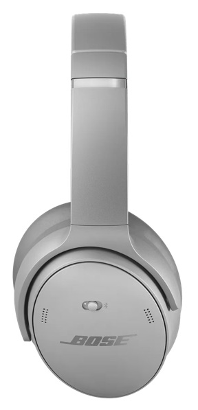 Szare słuchawki Bose. Nauszniki są okrągłe. Pałąk jest wysunięty. Widoczne jest logo Bose.