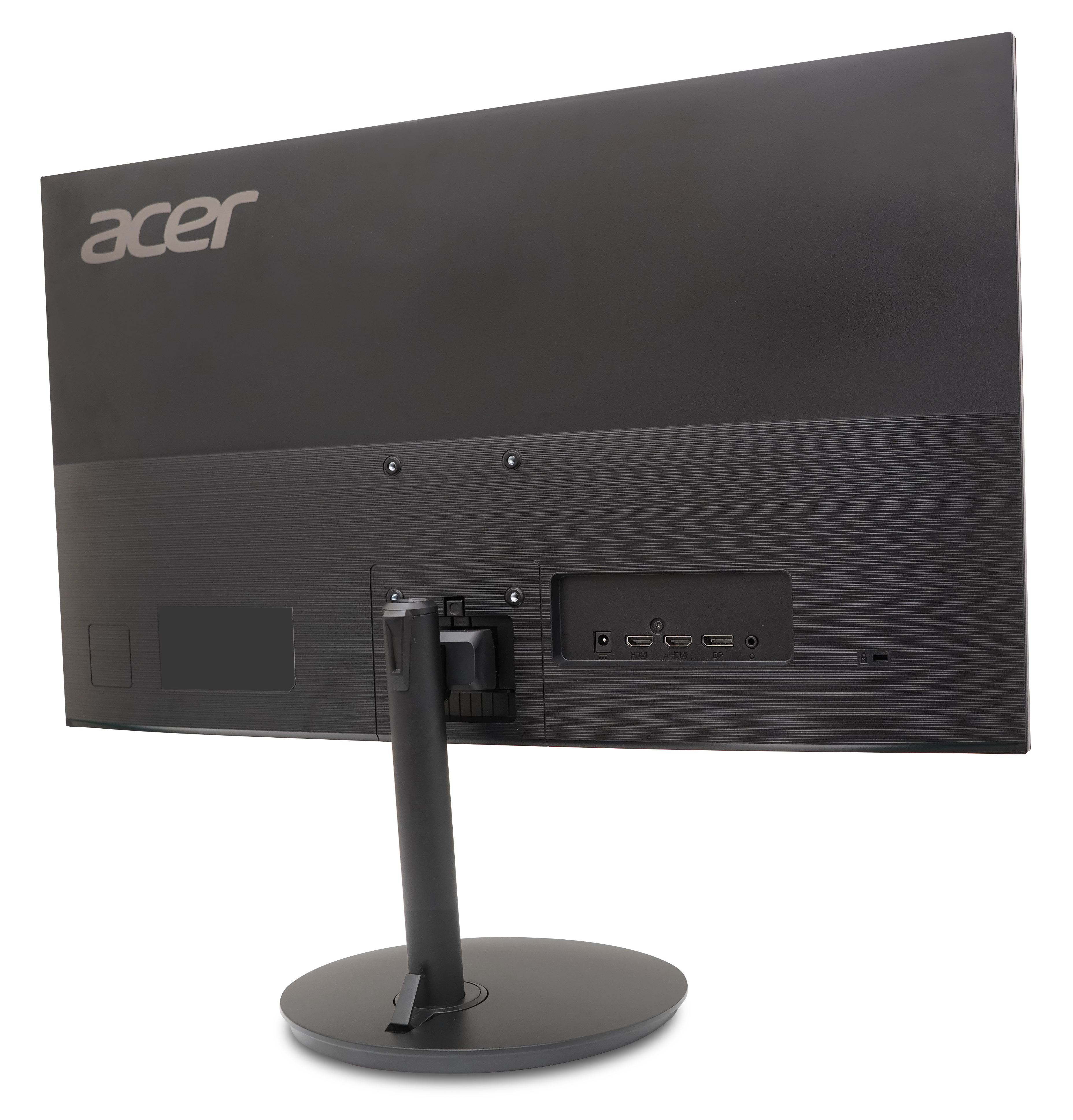 Widoczny jest tył czarnego monitora Acer. Ma porty, podstawę i logo Acer.