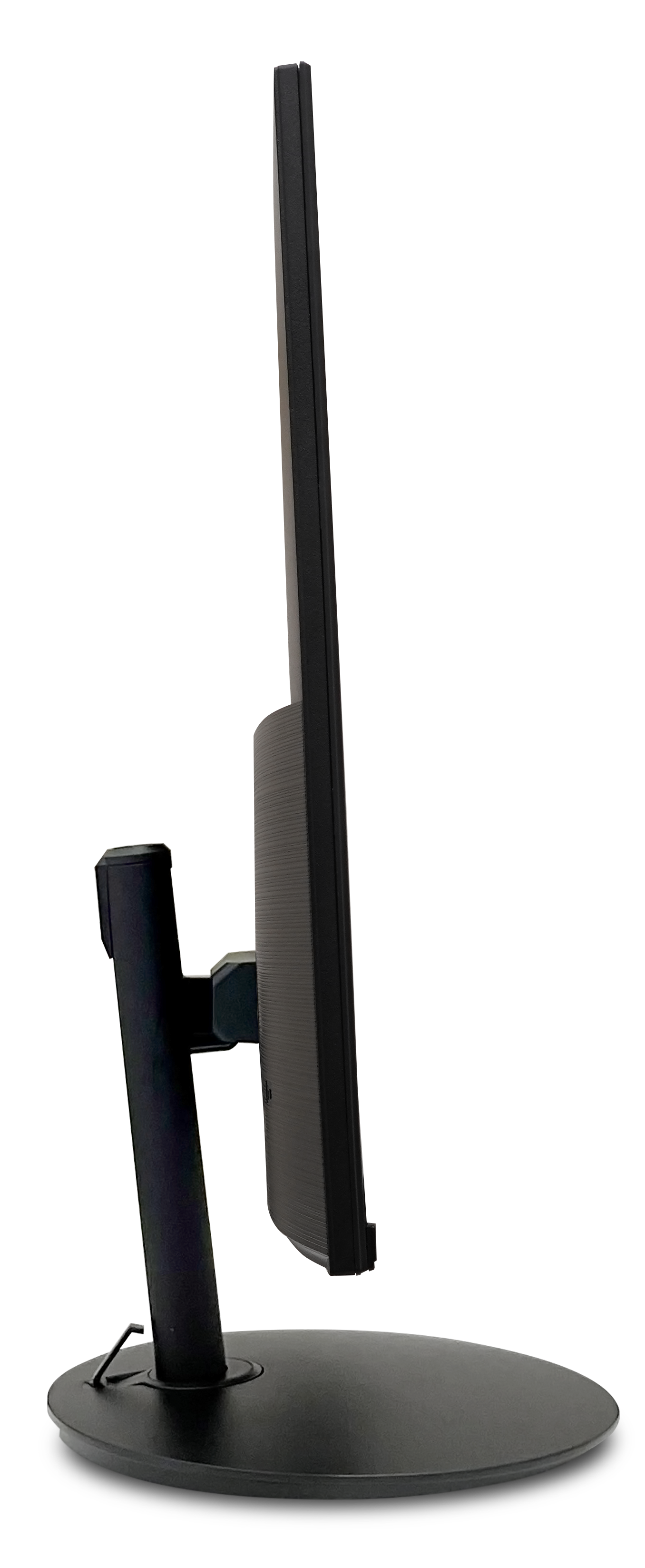 Widok z boku czarnego monitora komputera. Ma czarną podstawę i czarny ekran. Tło jest czarne.