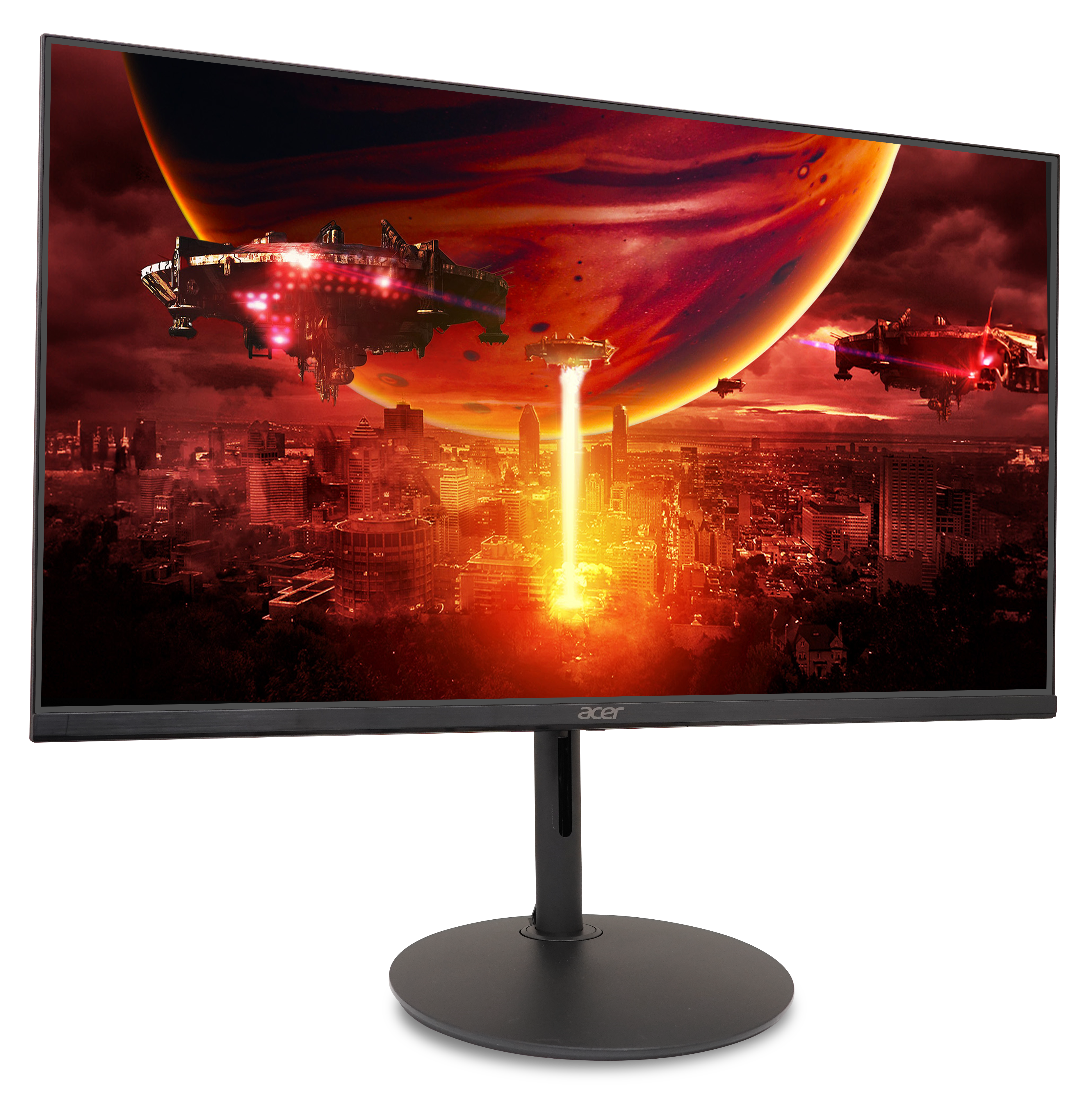 Monitor wyświetla krajobraz science fiction z statkami kosmicznymi i wiązką światła. Duża planeta w tle. Monitor ma czarną podstawę.