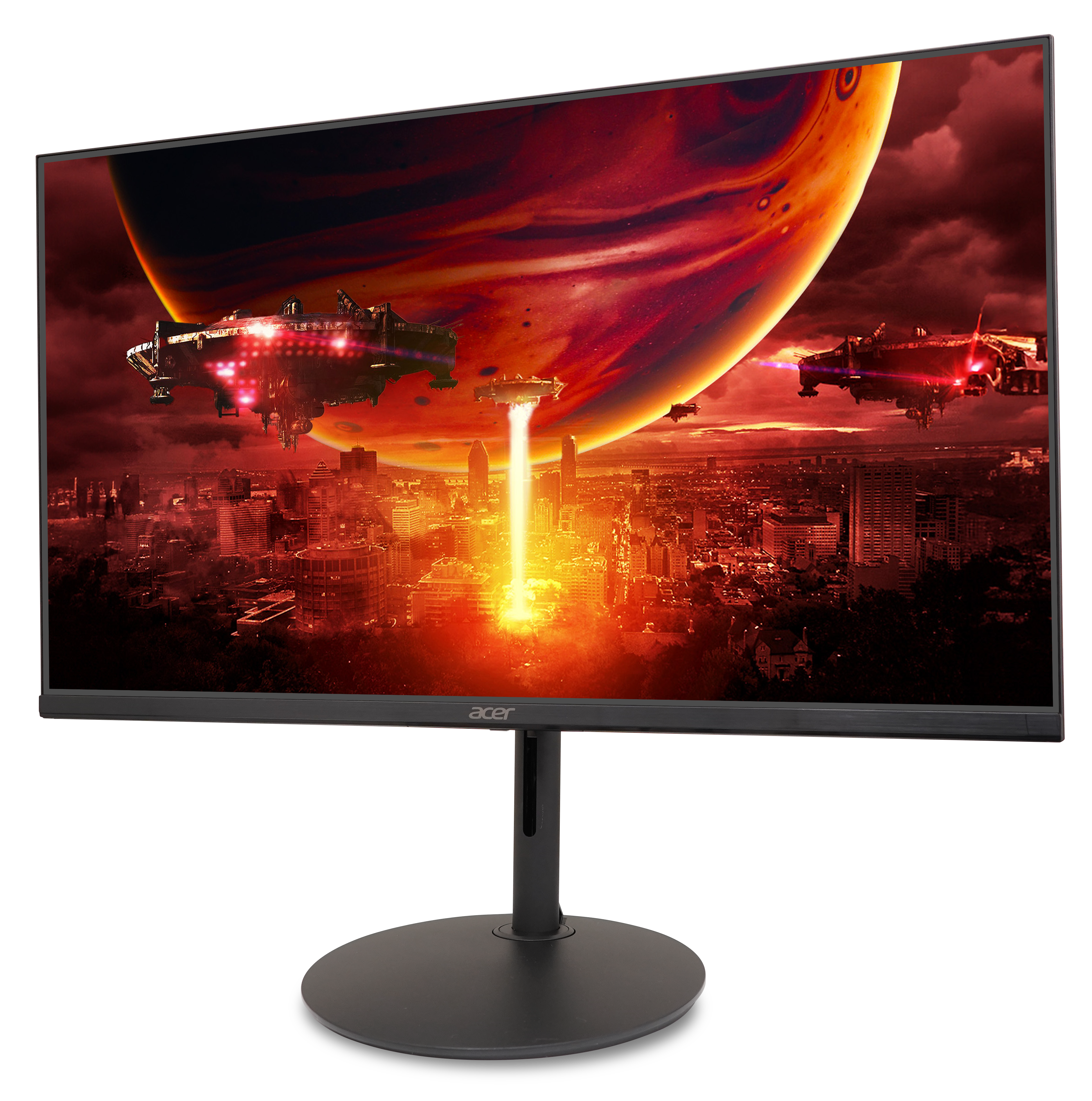 Monitor wyświetla krajobraz miasta science-fiction z statkami kosmicznymi, jasną wiązką światła i dużą planetą.