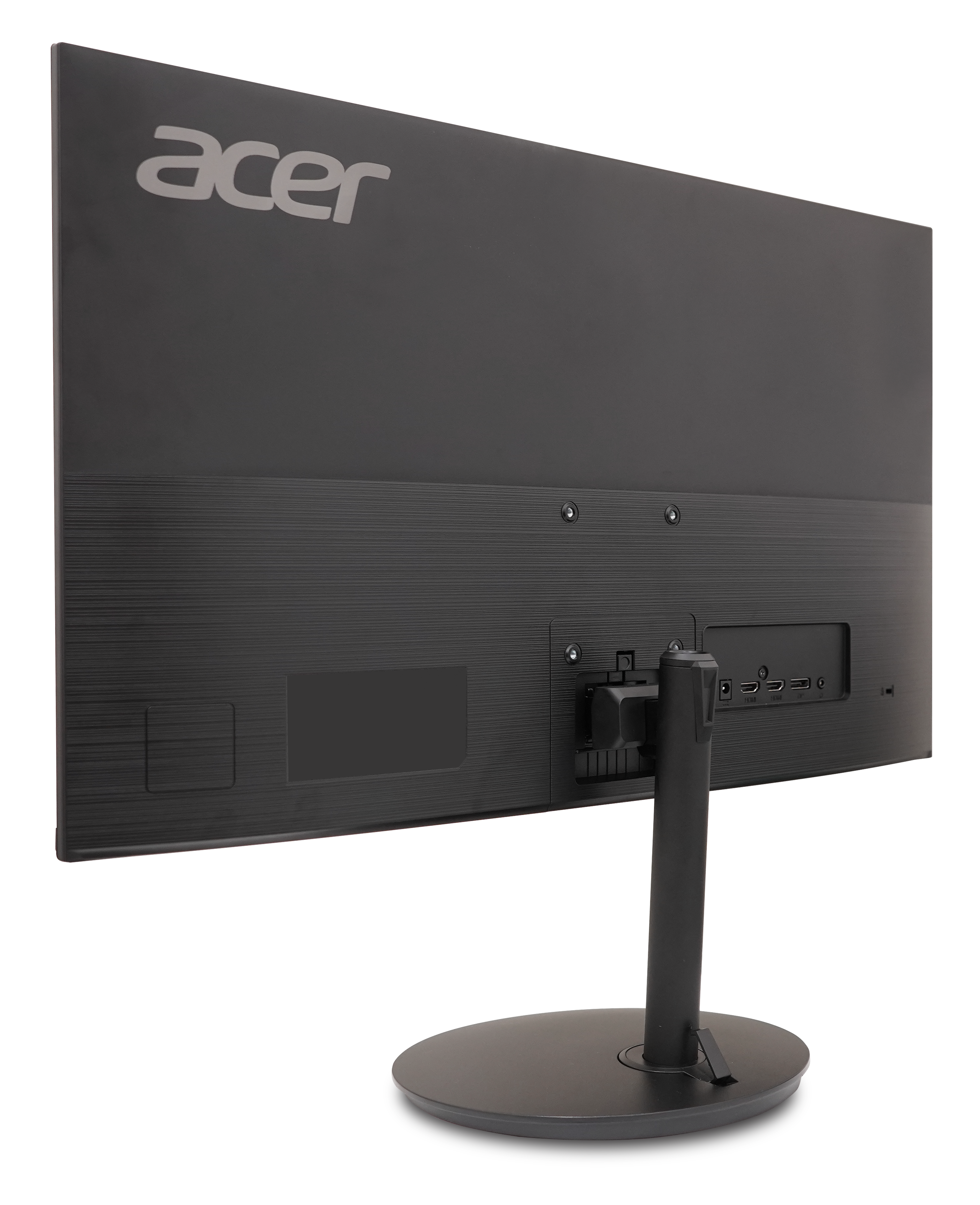 Widok z tyłu czarnego monitora Acer. Posiada podstawę i kilka portów.