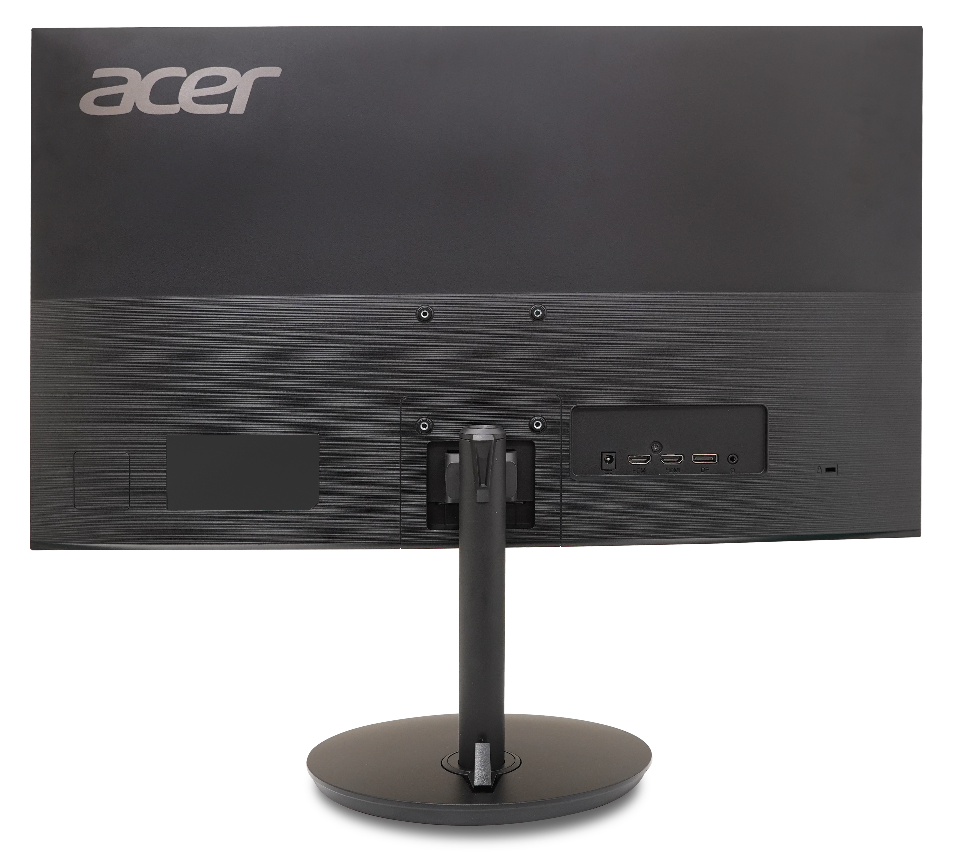 Tył czarnego monitora Acer. Posiada porty, podstawę i logo Acer. Tło jest czarne.