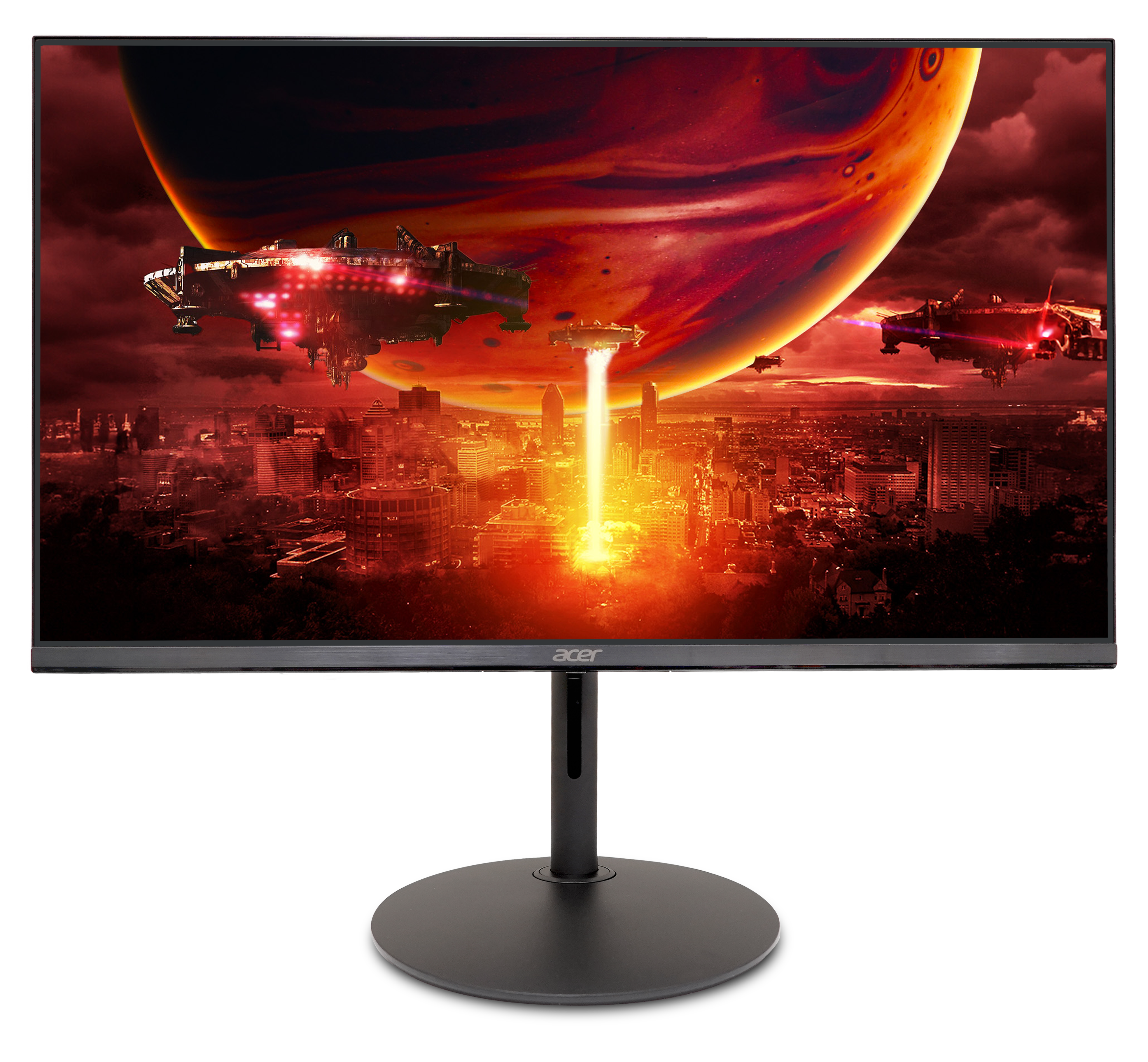 Scena science-fiction na monitorze. Statki kosmiczne nad miastem z planetą. Monitor Acer.