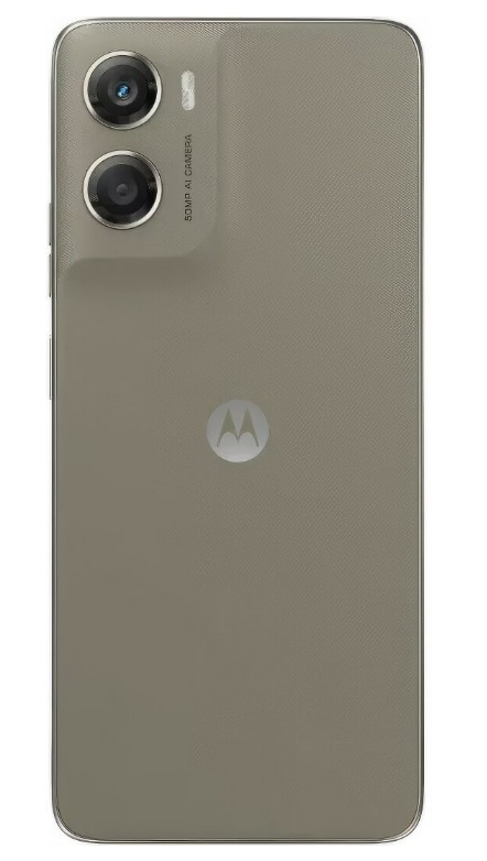 Tył telefonu Motorola. Posiada dwa aparaty, lampę błyskową i logo Motorola. Telefon jest szary.