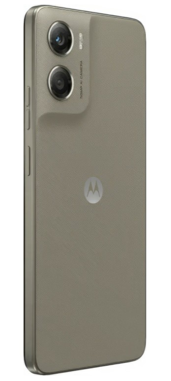 Szary smartfon z podwójnym aparatem, logo Motorola i przyciskami z boku. Tył ma teksturowaną powierzchnię.