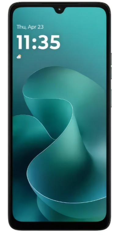 Ekran smartfona wyświetla godzinę, datę i wirujący zielono-turkusowy abstrakcyjny wzór. Czarna ramka otacza ekran.