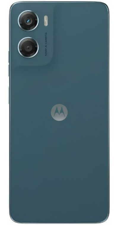 Tył turkusowego smartfona. Podwójny aparat u góry po lewej, logo Motorola pośrodku, gładka powierzchnia.