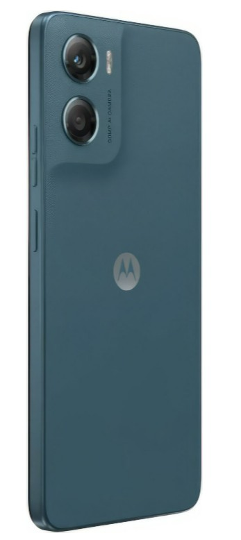 Turkusowy smartfon marki Motorola jest pokazany w ujęciu z trzech czwartych. Telefon ma dwa obiektywy aparatu i logo Motorola.