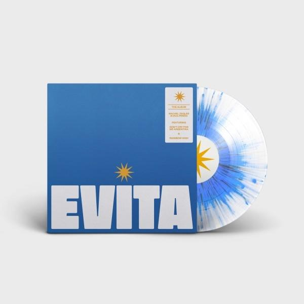 Albumcover von 'Evita'. Blauer Hintergrund mit weißen Buchstaben 'EVITA' und einem Stern. Vinyl-Schallplatte mit blauem und weißem Muster.