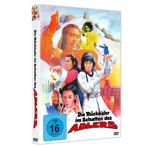 Filmcover: Kampfsportfiguren. Titel: Die Rückkehr im Schatten des Adlers. Bewertung: FSK 16. Hintergrund: Berge und Himmel.