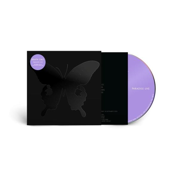 Eine CD-Hülle mit einem schwarzen Schmetterlingsdesign. Die CD ist lila. Der Text lautet 'Death Cult Paradise Live'.