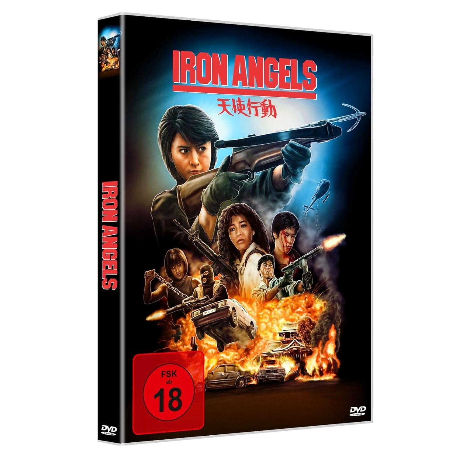 DVD-Cover von 'Iron Angels'. Zeigt eine Actionszene mit Personen, die Waffen und eine Armbrust halten. Flammen und Explosionen im Hintergrund. Freigegeben ab 18.