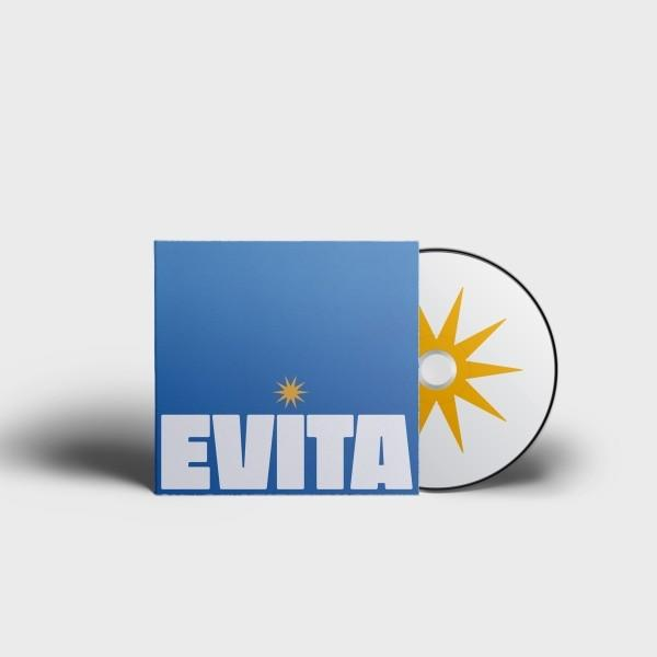 CD-Hülle und Disc für Evita. Blaue Hülle mit Stern und Titel sowie eine Disc mit Sterndesign.