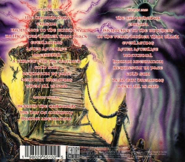 Albumcover mit Text, einem Turm und einer Figur. Lila und Goldtöne dominieren. Text listet Songtitel auf.
