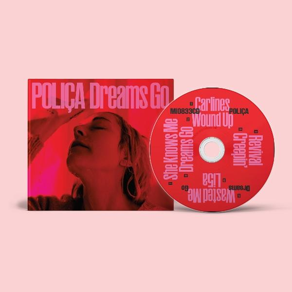 Albumcover für POLIÇA Dreams Go. Zeigt ein rotes Bild einer Frau mit einer CD rechts. Die CD ist ebenfalls rot mit Songtiteln.
