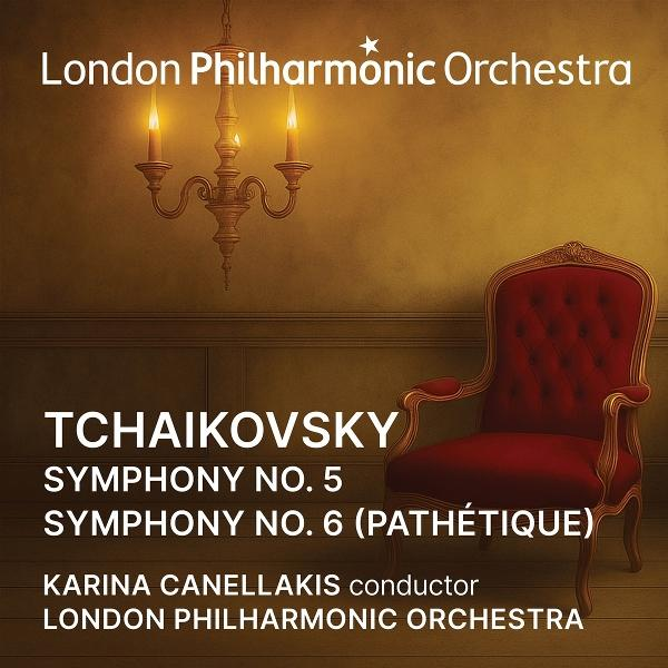 Plakat für ein Konzert des London Philharmonic Orchestra. Mit rotem Sessel, Kronleuchter und Text zu Tschaikowskys Symphonien.