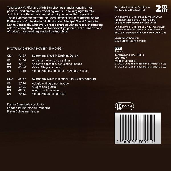 CD-Cover mit Text. Es bewirbt Tschaikowskis 5. und 6. Symphonie, aufgeführt vom London Philharmonic Orchestra.