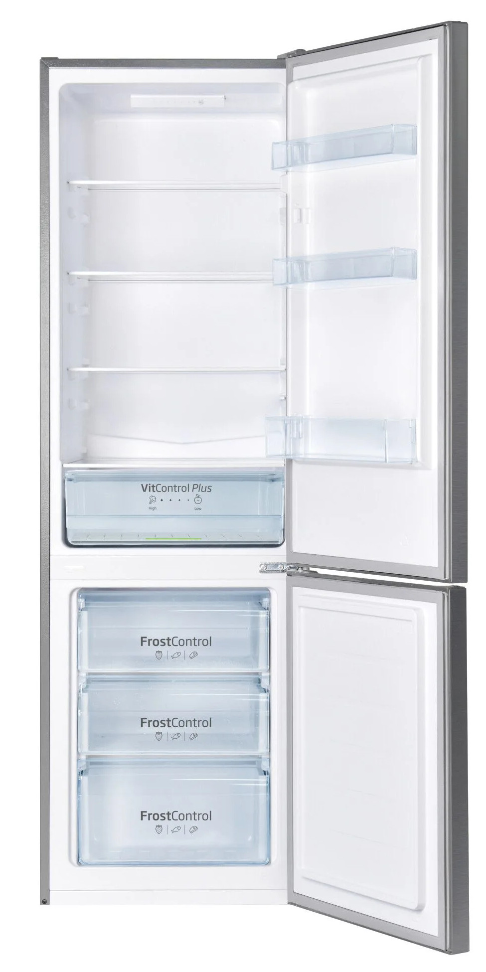 Otwarta lodówka, widoczne wnętrze. Półki, szuflady i przegródki są puste. Obecne są przezroczyste plastikowe pojemniki i niebieskie akcenty.