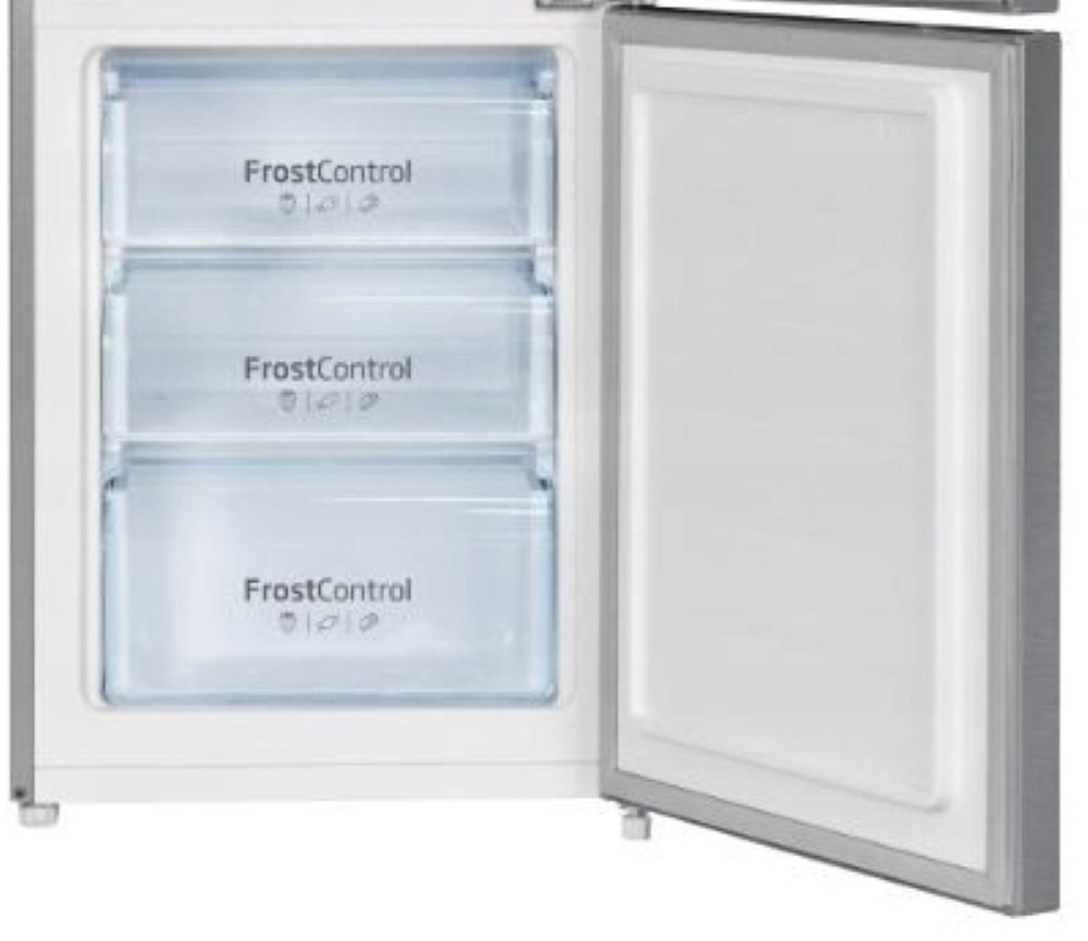 Otwarta zamrażarka z trzema przezroczystymi szufladami. Drzwi otwarte na bok. Zamrażarka ma etykietę FrostControl.