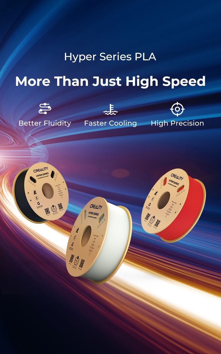 Görselde siyah, beyaz ve kırmızı olmak üzere üç adet PLA filament makarası görülüyor. Metin 'Hyper Series PLA' ve 'More Than Just High Speed' yazıyor.