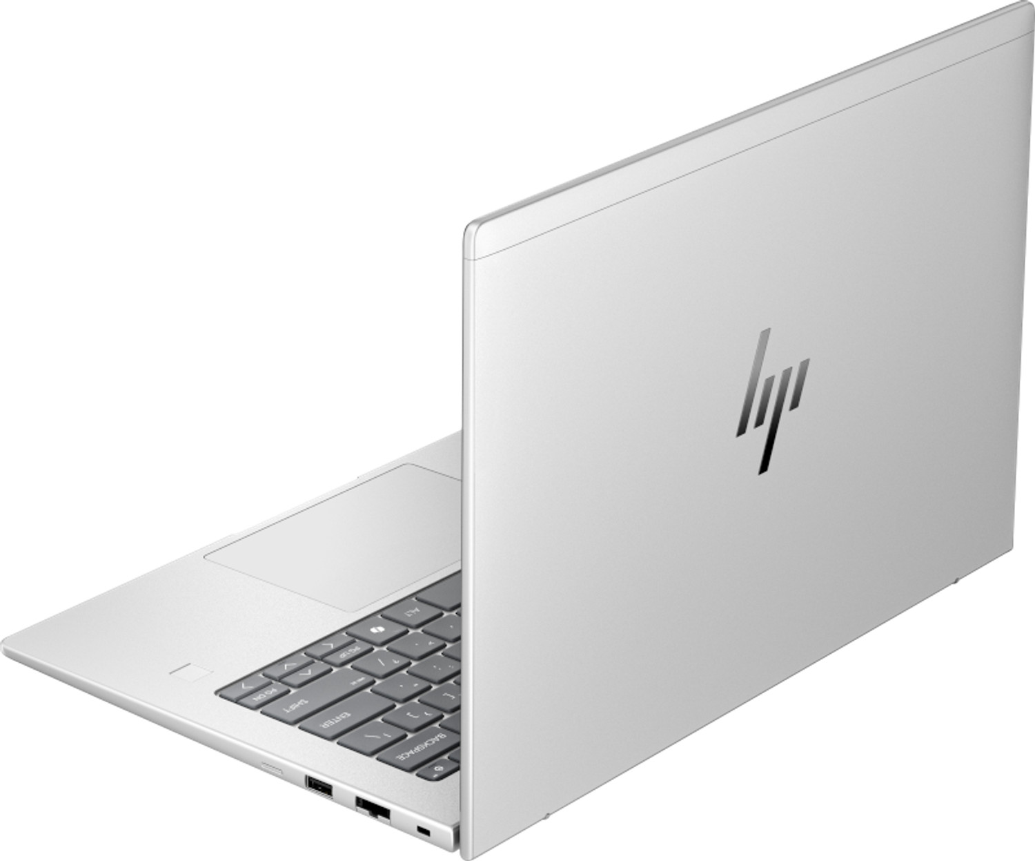 Ein silberner Laptop mit dem HP-Logo. Der Laptop ist leicht geöffnet und zeigt Tastatur und Touchpad.
