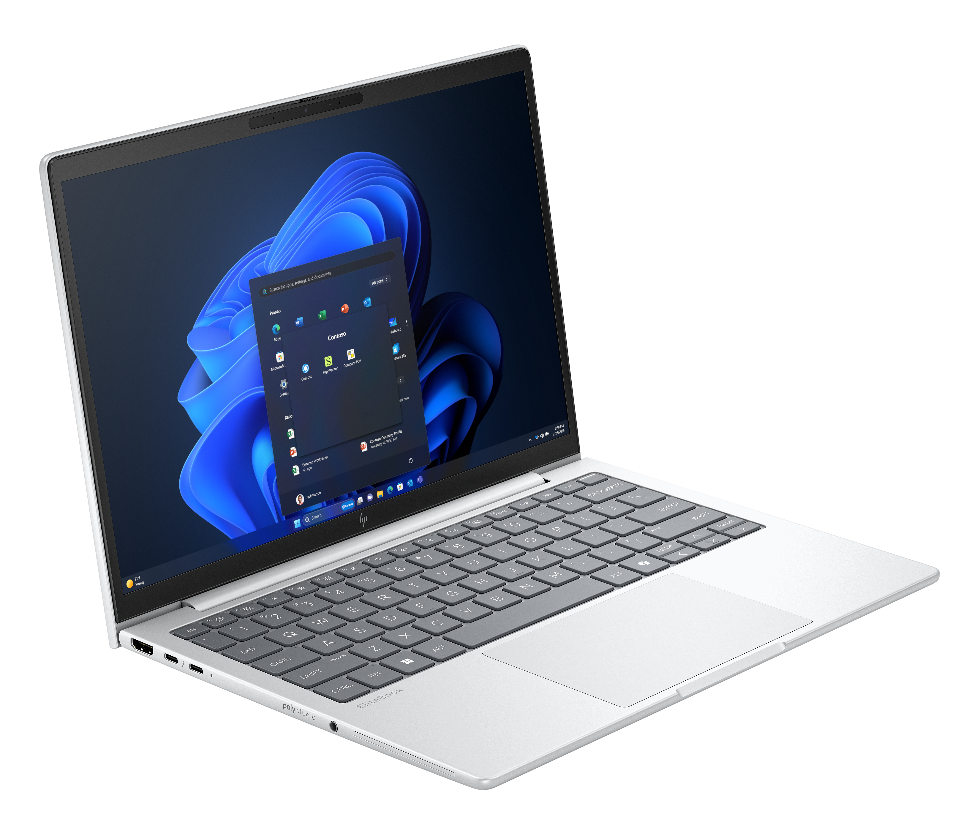 Ein silberner Laptop ist geöffnet und zeigt Windows 11. Der Bildschirm zeigt das Startmenü mit App-Symbolen. Die Tastatur ist grau.