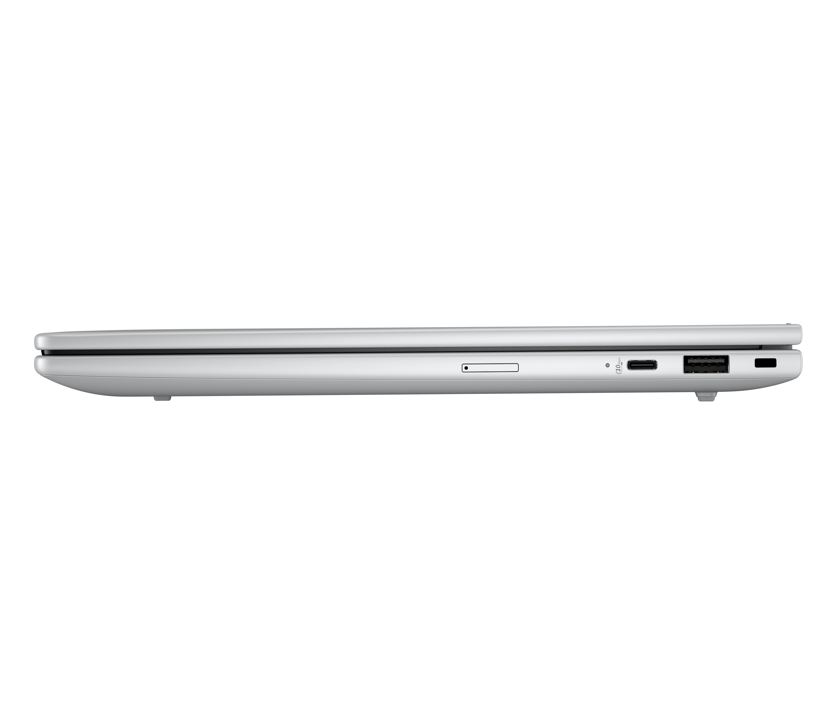 Seitenansicht eines silbernen Laptops vor weißem Hintergrund. Anschlüsse wie USB und ein Speicherkartensteckplatz sind sichtbar.