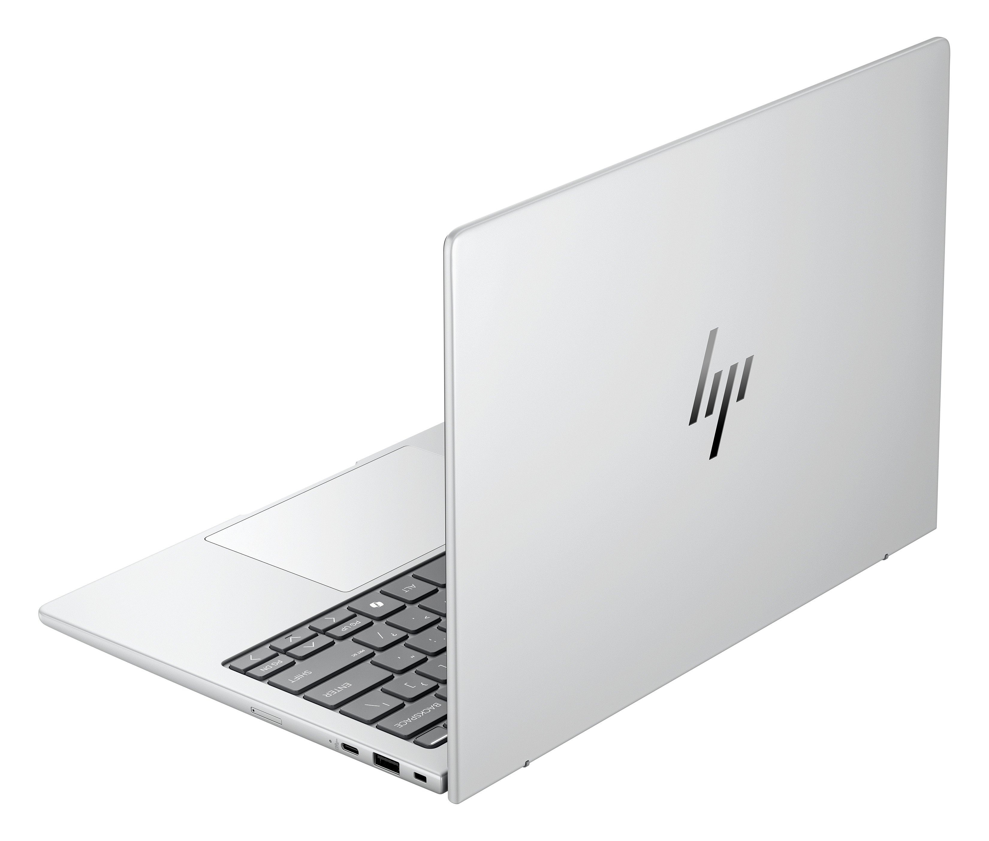 Ein silberner HP-Laptop ist leicht geöffnet und zeigt Tastatur und Bildschirm. Das HP-Logo ist auf dem Deckel sichtbar.