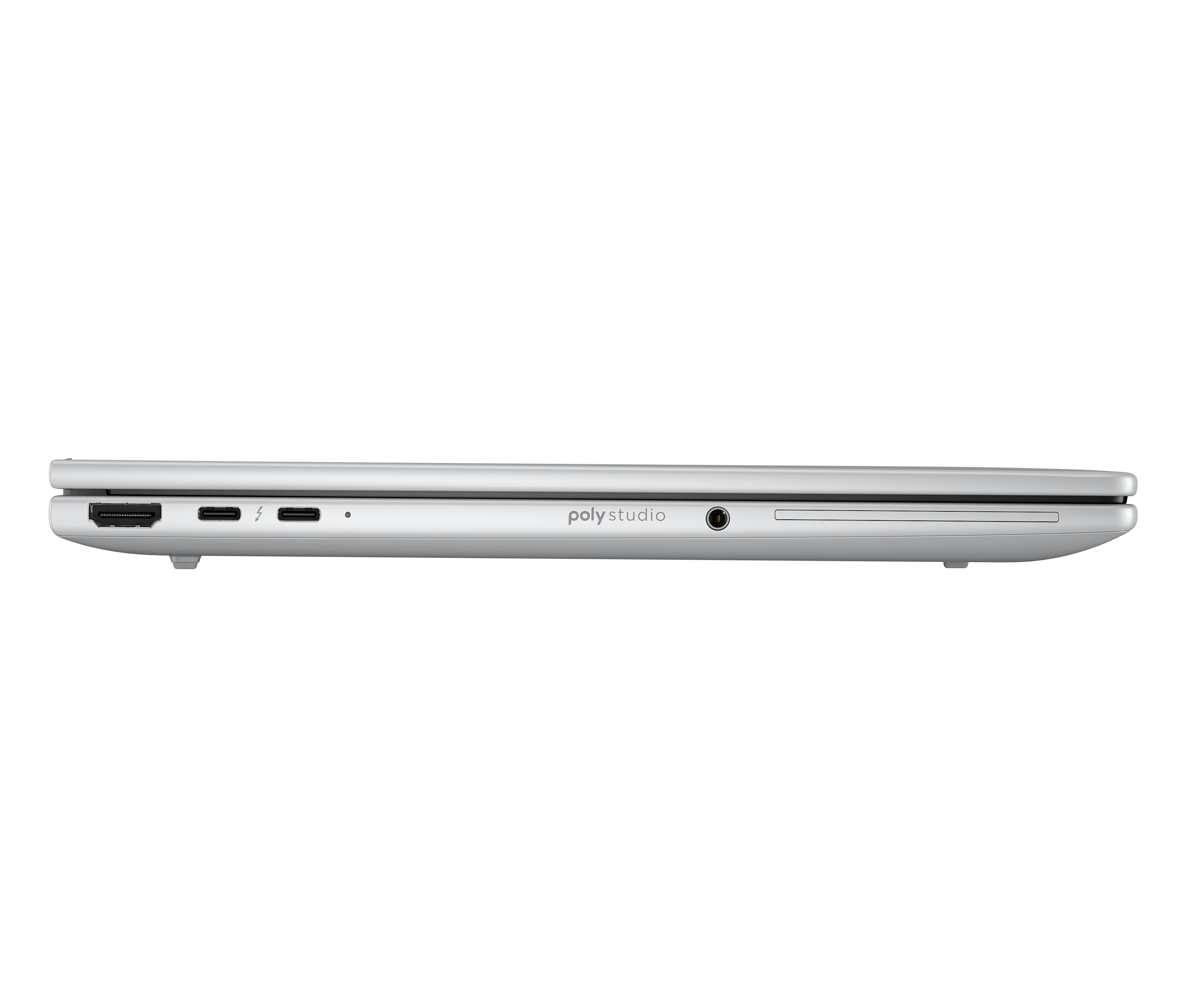 Seitenansicht eines silbernen Laptops. Anschlüsse sind HDMI, USB-C und Audiobuchse. Das Logo 'poly studio' ist sichtbar.