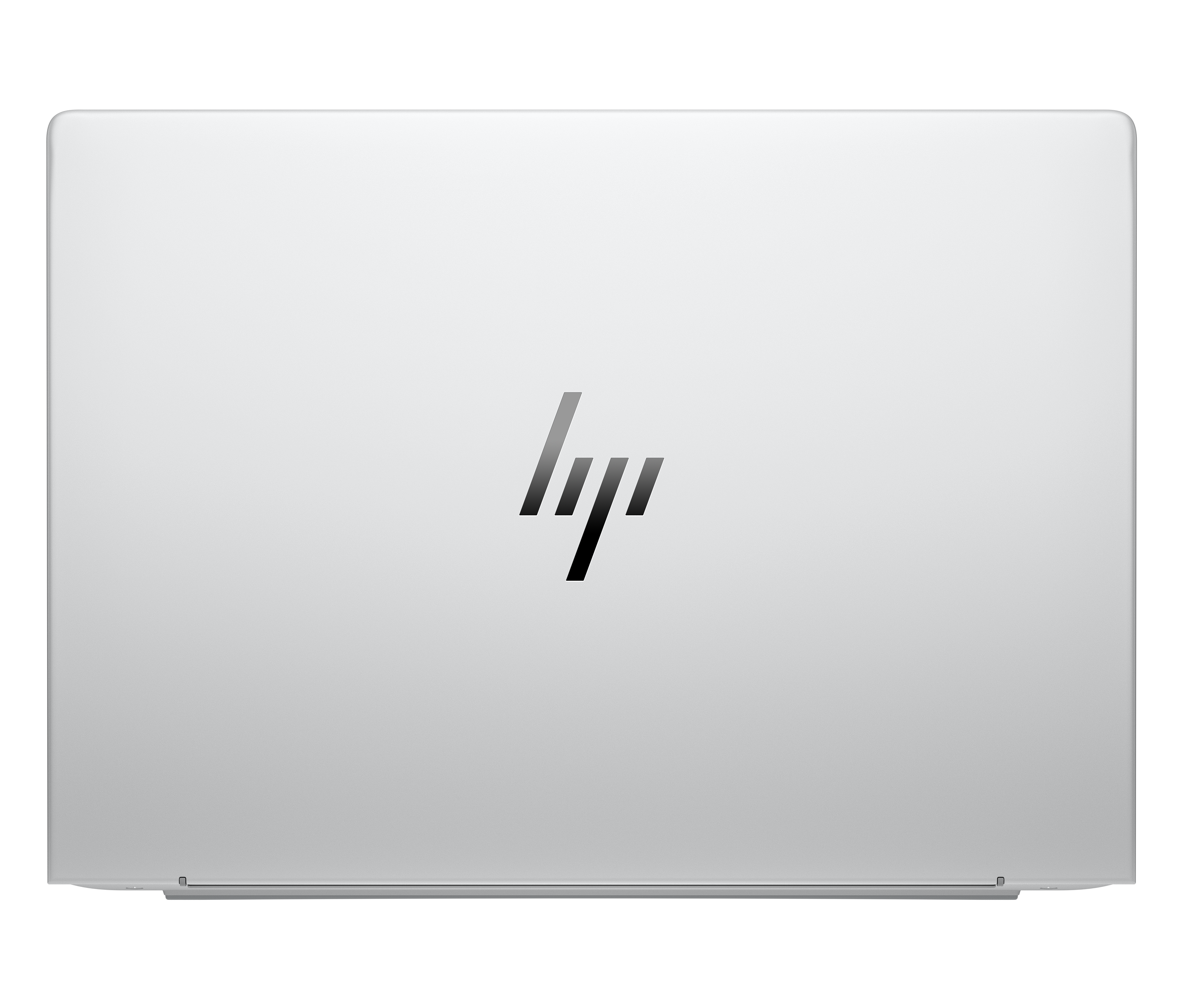 Ein silberner Laptopdeckel mit dem schwarzen HP-Logo, mittig auf der Oberseite. Der Deckel ist rechteckig mit abgerundeten Ecken.