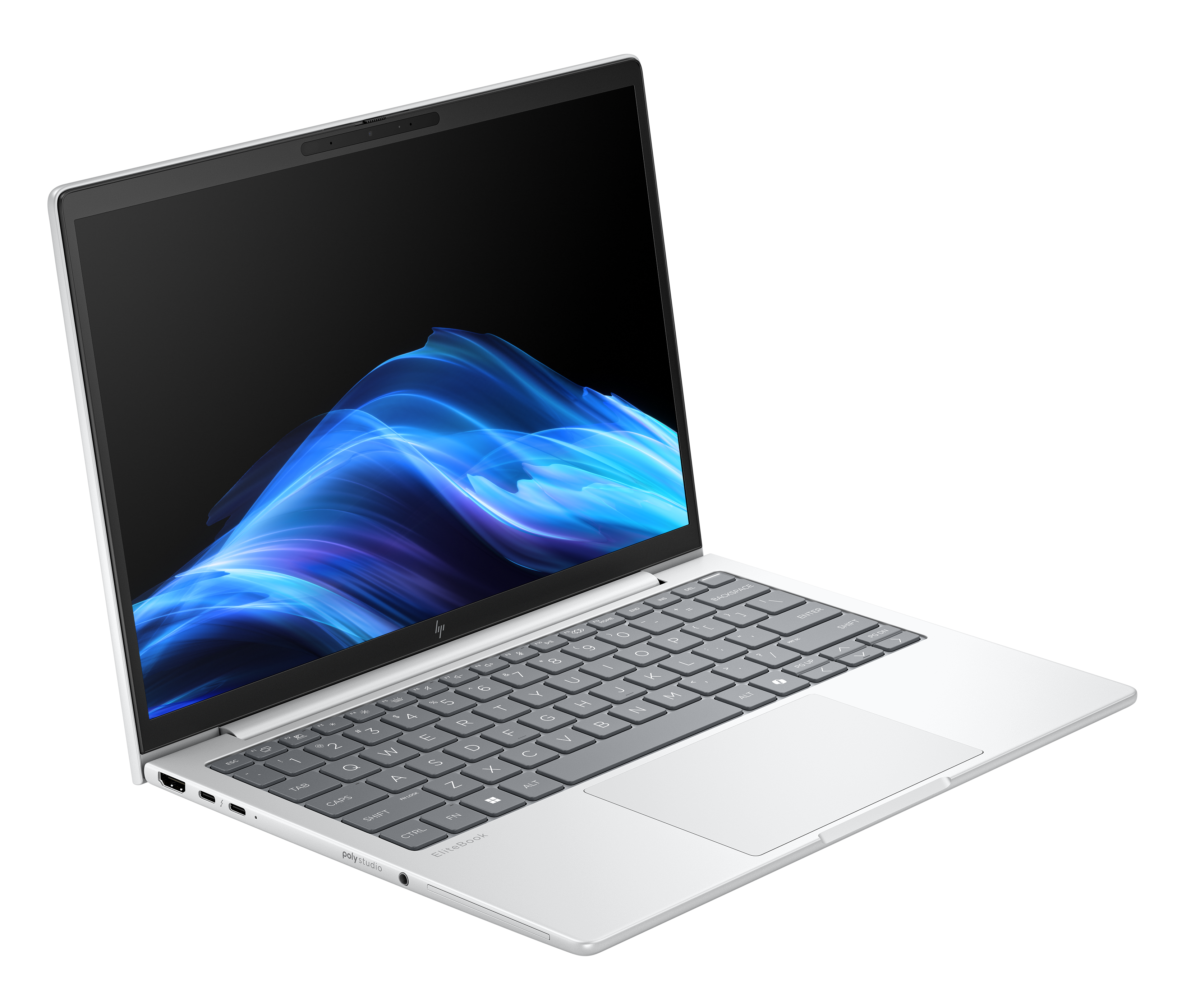 Silberner Laptop geöffnet, Bildschirm zeigt blaues und schwarzes abstraktes Design. Tastatur ist sichtbar, mit einem Touchpad darunter. Winkelansicht.
