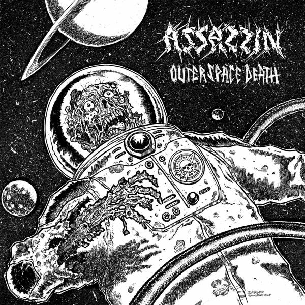 Schwarz-Weiß-Illustration eines Zombie-Astronauten im Weltraum. Planeten und das Wort 'Assassin' sind sichtbar.