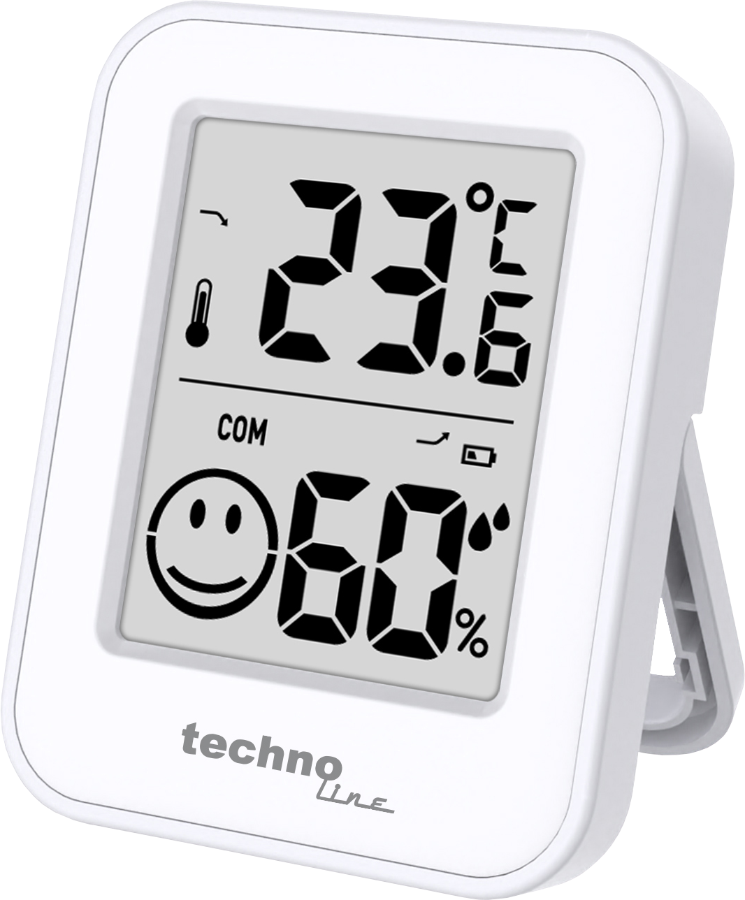 Weißes digitales Thermometer mit 23,6 Grad Celsius und 60 % Luftfeuchtigkeit. Es hat ein Smiley-Gesicht und den Markennamen Techno Line.
