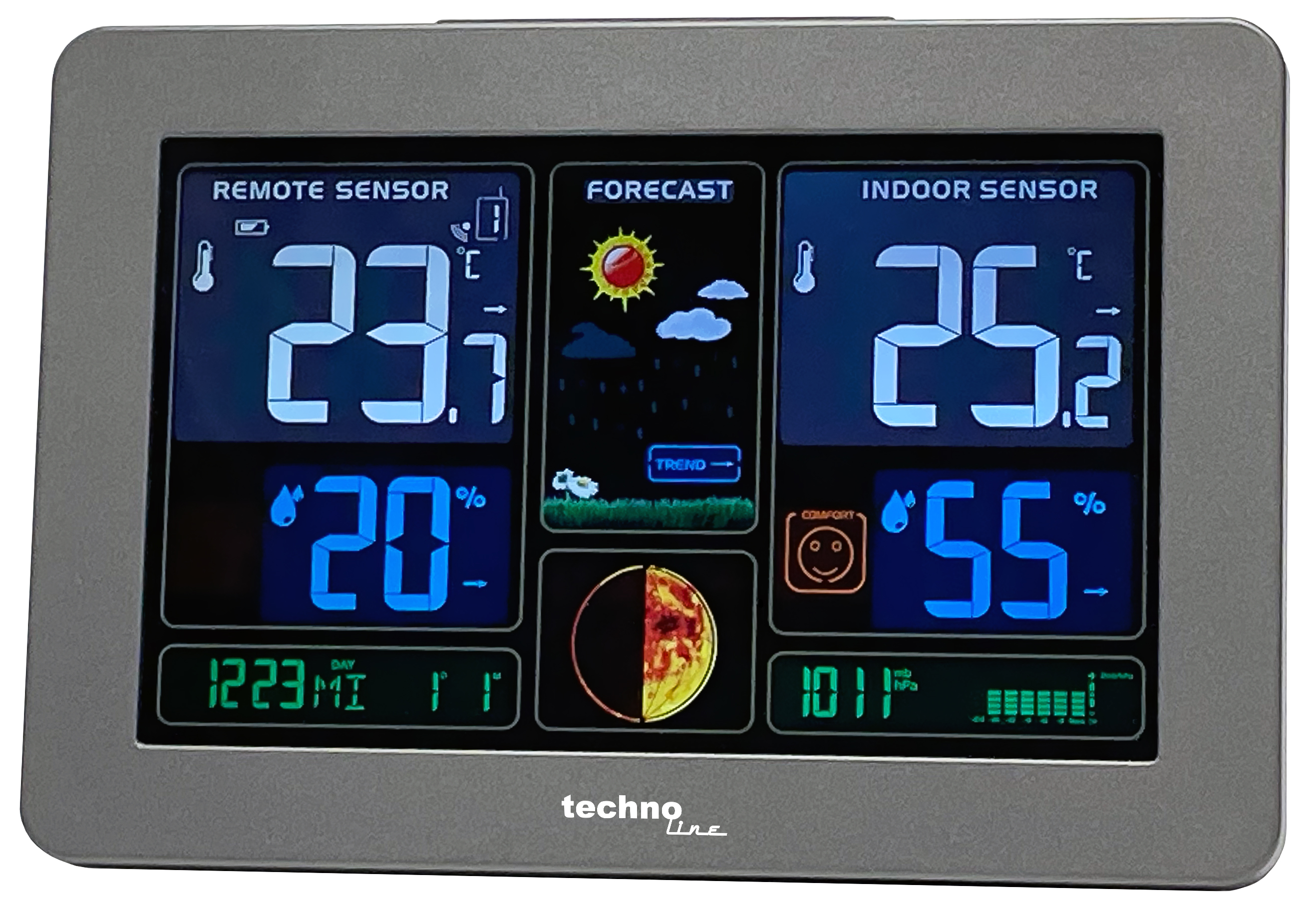 Digitale Wetterstation zeigt Temperatur, Luftfeuchtigkeit und Vorhersage an. Enthält Fern- und Innensensormesswerte mit Komfortanzeige.