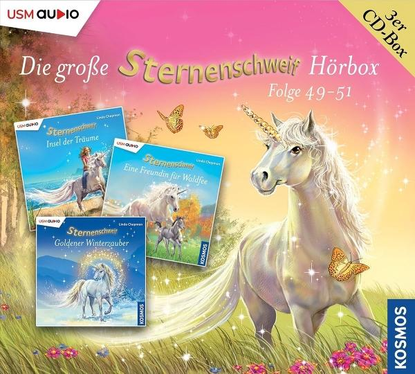 Ein Einhorn mit goldenem Horn und Schmetterlingen, plus drei Buchcover mit Einhörnern und eine CD-Box.